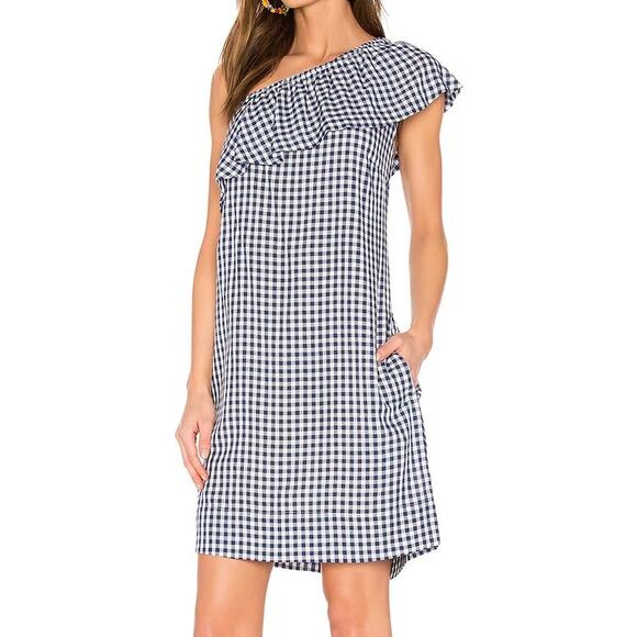 Velvet by Graham & Spencer Virgie Navy Gingham Ruffle One Shoulder Dress Pockets - Picture 1 of 16